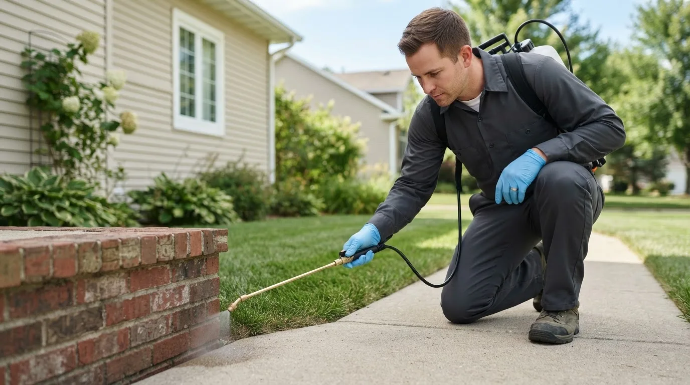 Pest control technician treating a home near New Bedford, MA